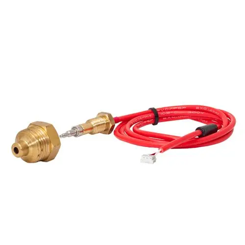 Ersatz-Vorlauffühler mit einem Adapter, verbunden durch rote Kabel, hergestellt von ESBE. Der Fühler ist aus Messing gefertigt und dienst zur Temperatursensorik.